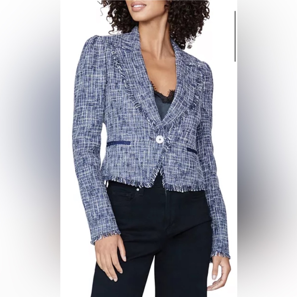 Never worn Paige tweed-style blazer with white button closure and lined pockets.